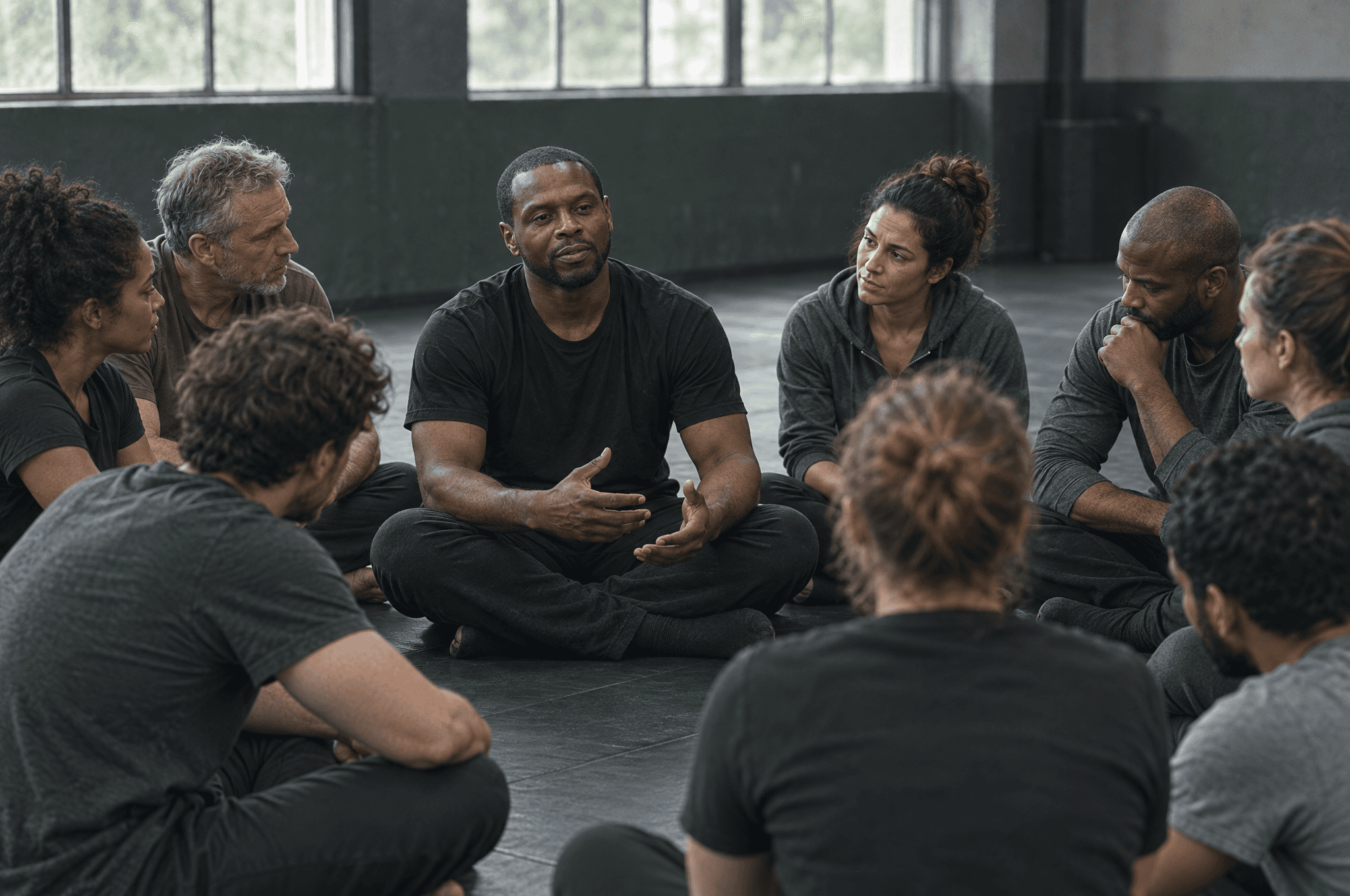 Een groep zit in een kring op de mat en bespreekt de training na.